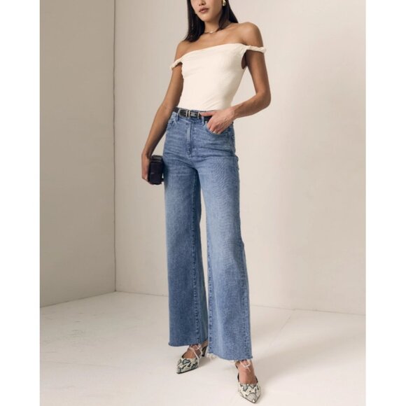 Le Jean Column Jean High Rise Wide Leg Raw Hem Cotton Stretch Blue Size 26 - Picture 1 of 8